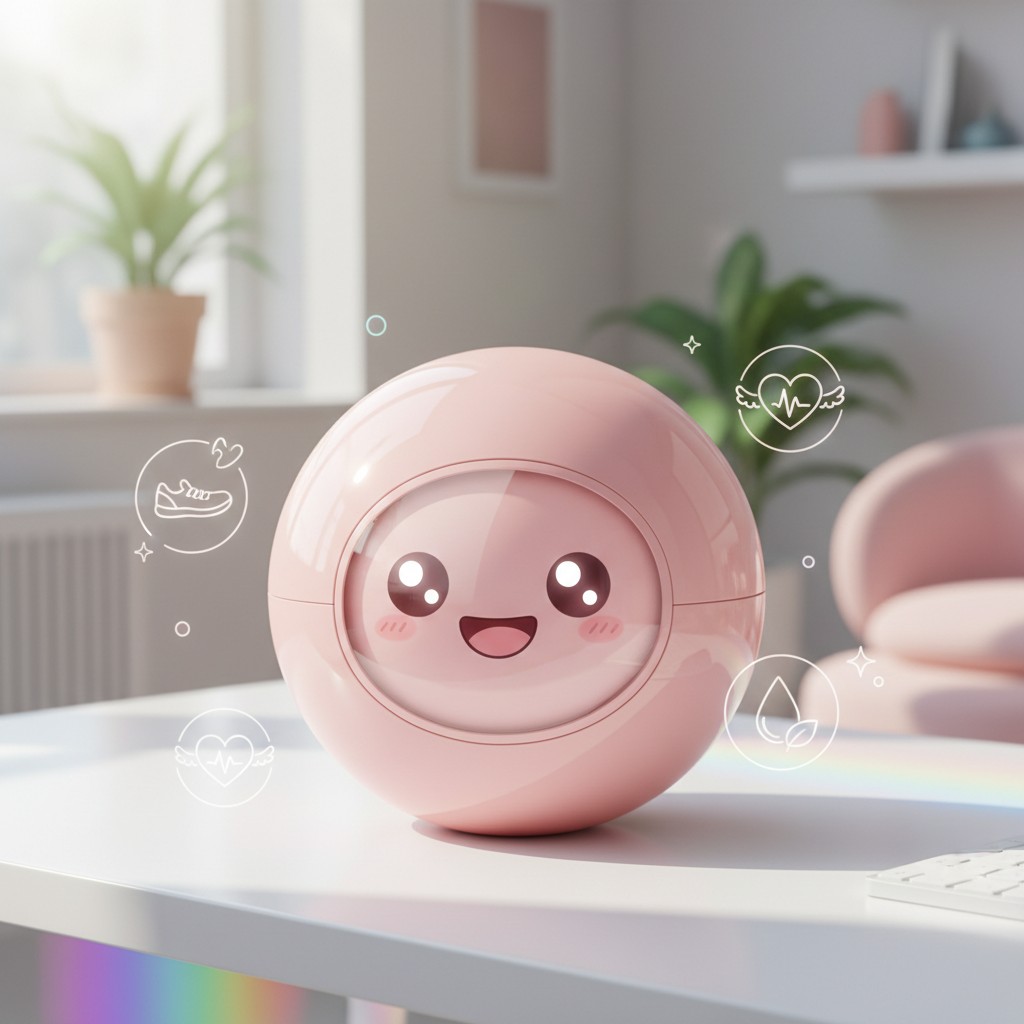 A pink, round, cartoonish robot with a smiling face, surrounded by white icons representing health, wellness, and fitness.