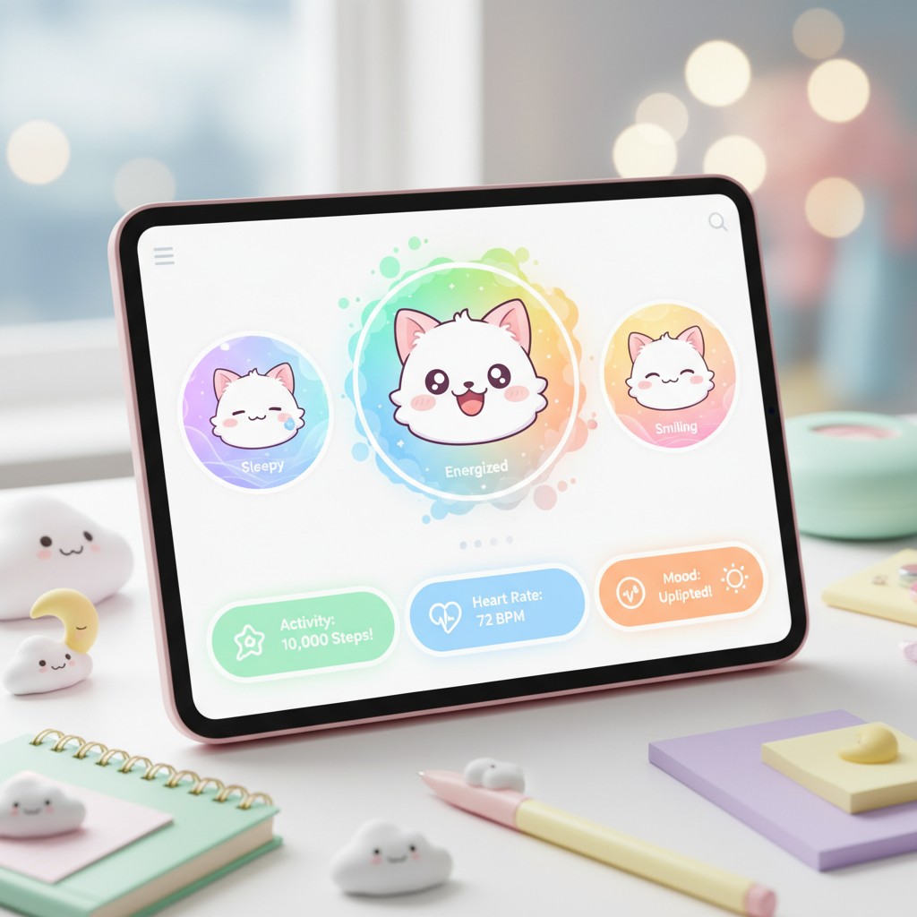 Tablet with cartoon cat faces and activity stats.
